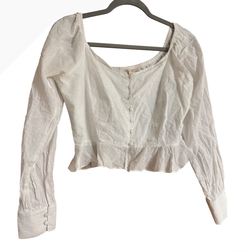 Urban Outfitters White Dot Long Sleeve Peplum Crop Top Blouse Womens Medium